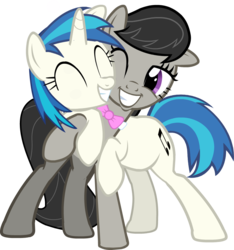 Size: 931x996 | Tagged: safe, artist:warpout, dj pon-3, octavia melody, vinyl scratch, earth pony, pony, unicorn, g4, bowtie, cute, cutie mark, eyes closed, female, grin, hooves, horn, hug, lesbian, mare, nuzzling, one eye closed, ship:scratchtavia, shipping, simple background, smiling, teeth, transparent background, vector, wink