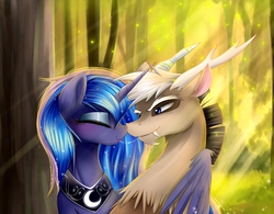Size: 5000x3900 | Tagged: safe, artist:magnaluna, discord, princess luna, alicorn, firefly (insect), :p, absurd resolution, blushing, crepuscular rays, cute, discute, drool, drool string, eyes closed, eyeshadow, fangs, female, forest, hug, lunacord, male, mare, shipping, smiling, straight, tongue out, tree, winghug, younger