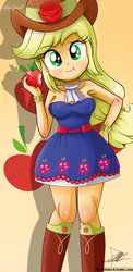 Size: 645x1321 | Tagged: safe, artist:the-butch-x, applejack, human, equestria girls, g4, apple, armpits, bare shoulders, beautiful, beautiful x, blushing, boots, bracelet, breasts, clothes, cowboy boots, cute, dress, eating, fall formal outfits, female, hand on hip, jackabetes, jewelry, sleeveless, smiling, solo, strapless