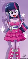 Size: 645x1321 | Tagged: safe, artist:the-butch-x, twilight sparkle, human, equestria girls, g4, armpits, bare shoulders, beautiful, beautiful x, blushing, boots, breasts, busty twilight sparkle, cleavage, clothes, cute, dress, fall formal outfits, female, high heel boots, looking at you, open mouth, peace sign, sleeveless, smiling, solo, sparkles, strapless, twiabetes, twilight ball dress, twilight sparkle (alicorn)