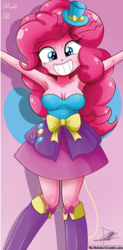 Size: 648x1321 | Tagged: safe, artist:the-butch-x, pinkie pie, human, equestria girls, g4, armpits, balloon, bare shoulders, beautiful, beautiful x, blushing, boots, breasts, cleavage, clothes, cute, diapinkes, dress, fall formal outfits, female, grin, hat, high heel boots, sleeveless, smiling, solo, strapless, top hat