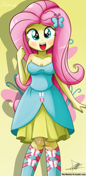 Size: 645x1321 | Tagged: safe, artist:the-butch-x, fluttershy, human, equestria girls, g4, beautiful, beautiful x, blushing, breasts, clothes, cute, dress, fall formal outfits, female, shyabetes, sleeveless, smiling, solo, strapless