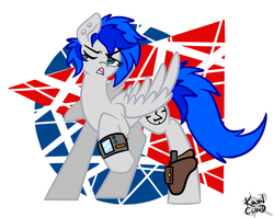 Size: 772x616 | Tagged: safe, artist:kaon cloud, oc, oc only, oc:sapphire sights, fallout equestria, abstract background, backwards cutie mark, commission, gun, handgun, holster, open mouth, pipbuck, pistol, weapon