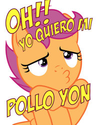 Size: 600x774 | Tagged: safe, scootaloo, chicken, g4, duckface, scootachicken, spanish