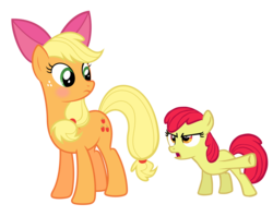 Size: 2480x1962 | Tagged: dead source, safe, artist:comfydove, apple bloom, applejack, g4, accessory theft, apple bloom's bow, blushing, simple background, transparent background, vector