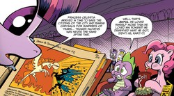 Size: 1324x732 | Tagged: safe, artist:andy price, idw, pinkie pie, princess celestia, queen chrysalis, spike, twilight sparkle, alicorn, bat pony, dragon, pony, fiendship is magic #5, g4, my little pony: fiendship is magic, spoiler:comic, aweeg*, couch, female, gritted teeth, mare, night guard, open mouth, popcorn, puffy cheeks, royal guard, sitting, twilight sparkle (alicorn), wide eyes