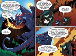 Size: 1234x903 | Tagged: safe, artist:andypriceart, idw, queen chrysalis, sergio, changeling, changeling queen, dragon, fiendship is magic #5, g4, my little pony: fiendship is magic, spoiler:comic, changeling officer, female, implied vore, volcano