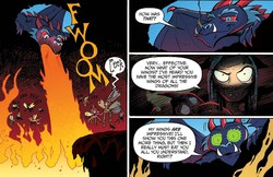 Size: 1236x800 | Tagged: safe, artist:andypriceart, idw, queen chrysalis, sergio, changeling, dragon, g4, spoiler:comic, spoiler:comicfiendshipismagic5, changeling officer, dracula, eek, hypnosis, hypnotized