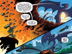 Size: 1034x772 | Tagged: safe, artist:andypriceart, idw, queen chrysalis, sergio, changeling, changeling queen, dragon, g4, spoiler:comic, spoiler:comicfiendshipismagic5, changeling officer, epic changeling tossing, fastball special, female, spread wings, torn wings, volcano, wings