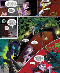 Size: 683x826 | Tagged: safe, artist:andypriceart, idw, fluttershy, pinkie pie, queen chrysalis, spike, twilight sparkle, alicorn, changeling, pony, g4, spoiler:comic, spoiler:comicfiendshipismagic5, ambush, book, changeling officer, cocoon, fake chrysalis, female, idiot ball, mare, trap (device), twilight sparkle (alicorn)