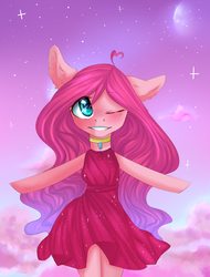 Size: 1280x1684 | Tagged: safe, artist:yanshiki, pinkie pie, earth pony, anthro, g4, alternate hairstyle, arm hooves, clothes, dress, female, solo, wink