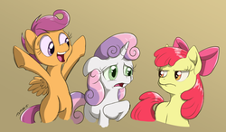 Size: 900x525 | Tagged: safe, artist:tehflah, apple bloom, scootaloo, sweetie belle, earth pony, pegasus, pony, unicorn, g4, apple bloom's bow, bipedal, blank flank, bow, brown background, crying, cutie mark crusaders, excited, female, filly, floppy ears, foal, hair bow, hoof on chest, open mouth, raised hoof, sad, signature, simple background, spread wings, teary eyes, wings