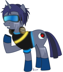 Size: 600x680 | Tagged: safe, artist:lirodon, oc, oc only, oc:obscurus noctis, pony, unicorn, clothes, glowing, goggles, headphones, solo, trotmania