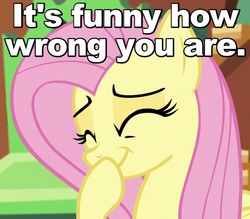 Size: 640x560 | Tagged: safe, edit, edited screencap, screencap, fluttershy, g4, tanks for the memories, caption, cute, eyes closed, female, giggling, image macro, laughing, raised hoof, reaction image, smiling, solo