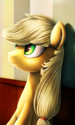 Size: 768x1268 | Tagged: safe, artist:chryseum, applejack, g4, crying inside, female, hatless, missing accessory, solo