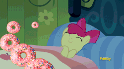 Size: 853x480 | Tagged: safe, edit, edited screencap, screencap, apple bloom, earth pony, pony, bloom & gloom, g4, animated, discovery family logo, donut, eating, female, gif, perfect loop, sleeping, solo, wat
