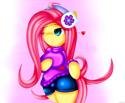 Size: 3426x2816 | Tagged: safe, artist:jcace, fluttershy, anthro, g4, breasts, busty fluttershy, clothes, earmuffs, eyestrain warning, female, high res, needs more saturation, solo, sweatershy, wink