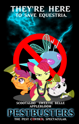Size: 800x1246 | Tagged: safe, artist:mzx-90, apple bloom, scootaloo, sweetie belle, twittermite, bloom & gloom, g4, cutie mark crusaders, ghostbusters, lightning, movie, movie poster, parody, pest control gear, poster, twitbuster apple bloom