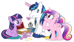 Size: 800x460 | Tagged: safe, artist:dm29, princess cadance, shining armor, smarty pants, twilight sparkle, g4, bow, filly, hair bow, simple background, tea, tea party, tea set, transparent background, trio, younger