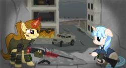 Size: 10000x5400 | Tagged: safe, artist:mrlolcats17, oc, oc only, oc:katya ironstead, oc:opuscule antiquity, alicorn, pony, unicorn, fallout equestria, absurd resolution, gun, pkm, pkt, revolver, steyr aug