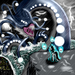 Size: 1280x1280 | Tagged: safe, artist:paulpeopless, oc, oc only, oc:paulpeoples, kraken, pony, big, epic, fight, macro, magic, monster, necromancer, necromancy, rain, sea monster, skull