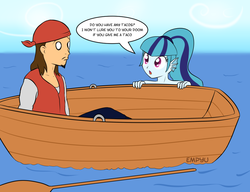 Size: 1000x767 | Tagged: safe, artist:empyu, sonata dusk, human, siren, equestria girls, g4, blue skin, boat, duo, ear fins, high ponytail, jack sparrow, oar, ocean, pirate, ponytail, rowboat, sailor, sirens doing siren things, sonataco, water