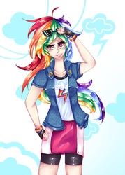 Size: 500x700 | Tagged: safe, artist:fortisselle, rainbow dash, equestria girls, g4, clothes, female, fingerless gloves, gloves, jacket, skirt, solo, sunglasses, t-shirt
