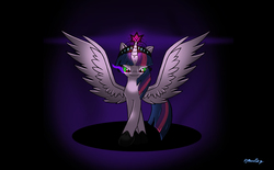 Size: 3485x2155 | Tagged: safe, artist:djmoonray, twilight sparkle, alicorn, pony, g4, big crown thingy 2.0, clothes, commission, corrupted, corrupted twilight sparkle, crown, dark magic, female, green eyes, high res, jewelry, magic, mare, shoes, signature, solo, sombra eyes, spread wings, tiara, twilight sparkle (alicorn)