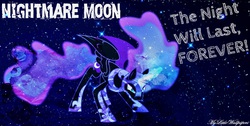 Size: 1920x967 | Tagged: safe, artist:shadowstone, artist:xxstrawberry-rosexx, nightmare moon, alicorn, pony, g4, magic, quote, space, vector, wallpaper