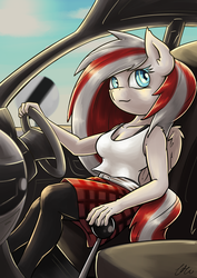 Size: 2894x4093 | Tagged: safe, artist:lovelyneckbeard, oc, oc only, oc:fizz, anthro, car, car interior, cleavage, driving, female, solo