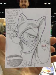 Size: 875x1166 | Tagged: safe, artist:andy price, applejack, g4, applecat, catwoman, dialogue, female, mask, monochrome, sketch, solo, traditional art