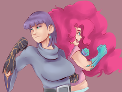 Size: 2184x1647 | Tagged: safe, artist:sundown, maud pie, pinkie pie, human, g4, maud pie (episode), breasts, busty maud pie, earth pony magic, earthbender, female, fighting stance, humanized, magmaud, martial arts, simple background