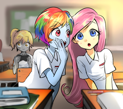 Size: 900x800 | Tagged: safe, artist:quizia, derpy hooves, fluttershy, rainbow dash, equestria girls, g4, :o, alternate hairstyle, blushing, book, classroom, clothes, cute, desk, female, gossip, looking at you, open mouth, school uniform, shirt, short hair, smiling, talking, whispering, wide eyes