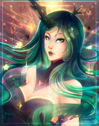 Size: 1522x1922 | Tagged: safe, artist:koveliana, queen chrysalis, human, g4, chromatic aberration, female, horn, horned humanization, humanized, solo