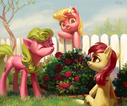 Size: 3988x3329 | Tagged: dead source, safe, artist:holivi, daisy, flower wishes, lily, lily valley, roseluck, earth pony, pony, cute, eyes closed, female, fence, flower, flower in hair, flower trio, mare, rose, smiling, trio, trio female