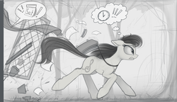 Size: 1775x1025 | Tagged: safe, artist:yakovlev-vad, octavia melody, earth pony, pony, g4, backwards cutie mark, calendar, clock, comb, exclamation point, female, late, monochrome, paper, running, saddle bag, sketch, solo