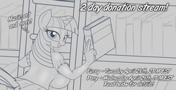 Size: 1280x658 | Tagged: safe, artist:badgerben, twilight sparkle, anthro, g4, breasts, busty twilight sparkle, female, library, livestream, monochrome