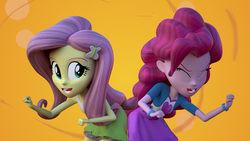 Size: 1920x1080 | Tagged: safe, artist:3d thread, artist:creatorofpony, fluttershy, pinkie pie, equestria girls, g4, my little pony equestria girls, 3d, 3d model, blender, bracelet, butt bump, butt to butt, butt touch, clothes, female, helping twilight win the crown, scene interpretation, shirt, skirt, tank top, teenager, wallpaper