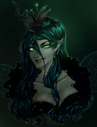 Size: 765x1000 | Tagged: safe, artist:ashiori-chan, queen chrysalis, changeling, changeling queen, human, g4, elf ears, female, horn, horned humanization, humanized, redraw, solo