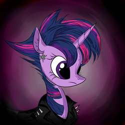 Size: 1000x1000 | Tagged: dead source, safe, artist:php15, twilight sparkle, pony, castle sweet castle, g4, alternate hairstyle, clothes, ear piercing, earring, female, jacket, jewelry, leather jacket, mare, piercing, punklight sparkle, solo