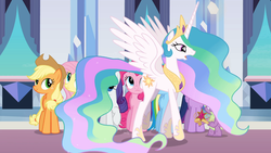 Size: 1366x768 | Tagged: safe, screencap, applejack, fluttershy, pinkie pie, princess celestia, rainbow dash, rarity, spike, twilight sparkle, equestria girls, g4, mane seven, mane six