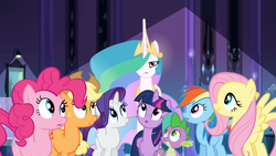 Size: 1366x768 | Tagged: safe, screencap, applejack, fluttershy, pinkie pie, princess celestia, rainbow dash, rarity, spike, twilight sparkle, equestria girls, g4, mane seven, mane six, twilight sparkle (alicorn)