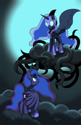 Size: 3300x5100 | Tagged: safe, artist:naivewolfjosh, nightmare moon, princess luna, alicorn, pony, g4, absurd resolution, cloud, duality, glowing eyes, spread wings