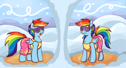 Size: 2600x1400 | Tagged: safe, artist:graphenescloset, rainbow dash, g4, tanks for the memories, chubby, clothes, midriff, snow, swimsuit, weight gain, winter swimsuit