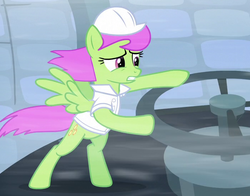Size: 700x550 | Tagged: safe, screencap, merry may, pegasus, pony, g4, tanks for the memories, background pony, clothes, cropped, damage control, female, mare, shirt, solo, weather factory, weather factory uniform, wind, working, worried