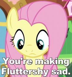 Size: 600x640 | Tagged: safe, edit, edited screencap, screencap, fluttershy, g4, tanks for the memories, caption, female, image macro, looking down, reaction image, sad, solo