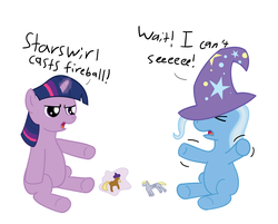 Size: 7863x6327 | Tagged: safe, artist:ohmyani, star swirl the bearded, trixie, twilight sparkle, pony, unicorn, g4, magic duel, absurd resolution, doll, female, filly, mare