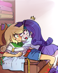 Size: 400x500 | Tagged: dead source, safe, artist:baekgup, applejack, rarity, equestria girls, g4, blushing, clothes, denim skirt, fabric, female, lesbian, measuring tape, ship:rarijack, shipping, skirt