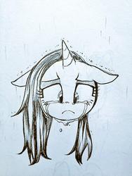 Size: 768x1024 | Tagged: safe, artist:potetecyu_to, rarity, g4, crying, monochrome, profile, rain, solo, traditional art