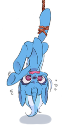 Size: 601x1051 | Tagged: safe, artist:katuhira_rinmi, trixie, pony, unicorn, g4, caught, female, hung upside down, mare, rope, simple background, snare trap, solo, trap (device), upside down, white background